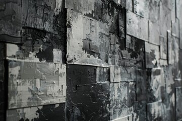 Close-up view of monochrome abstract art, featuring layered paint on wall panels for a textured visual effect.