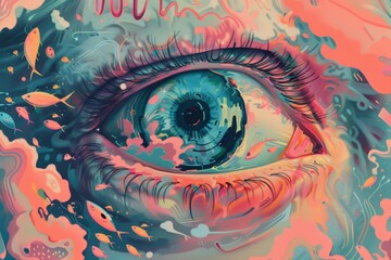 A vivid illustration of a surreal eye surrounded by whimsical colors and shapes, isolated on a transparent background, perfect for creative visual concepts.