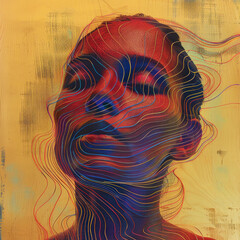 Abstract portrait of a woman with a dynamic blue and red line running through it, creating a striking visual contrast