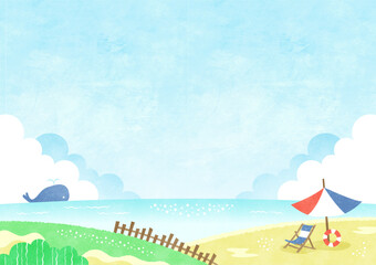 のんびりした夏の海の風景 クジラとビーチパラソルの水彩背景イラスト