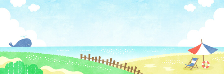 のんびりした夏の海の風景 クジラとビーチパラソルの水彩バナー背景