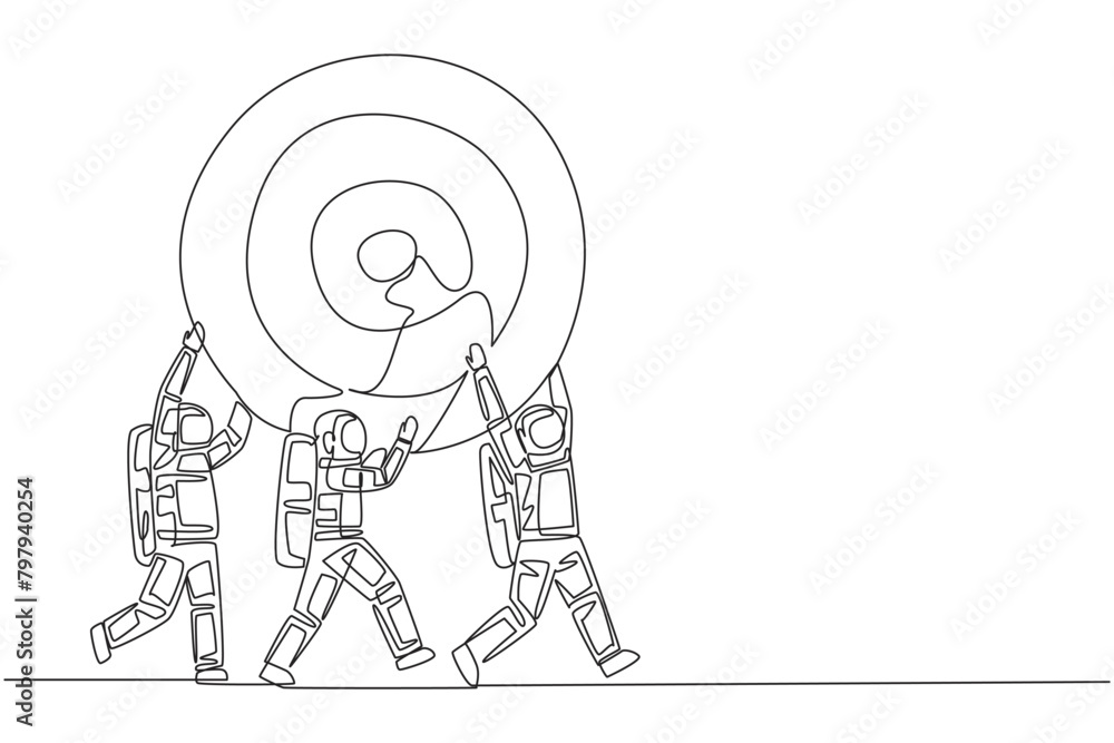 Poster continuous one line drawing group of astronauts work together carrying arrow target board. focus on 