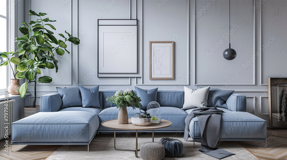 Wall mural design a serene scandinavian living room with clean lines, neutral tones, and a pop of blue. minimal