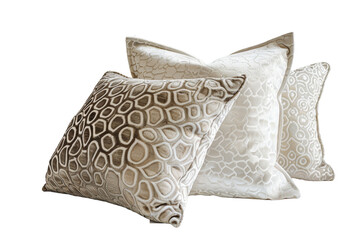 A collection of beige textured throw pillows with geometric patterns, isolated on a transparent background, perfect for home comfort and style.