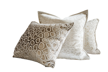 A collection of beige textured throw pillows with geometric patterns, isolated on a transparent background, perfect for home comfort and style.