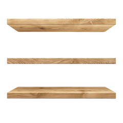 rustic wooden floating shelves with a natural finish, isolated on a transparent background, ideal for interior design mockups.