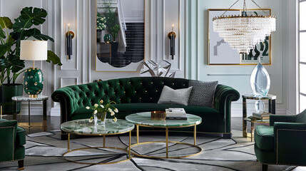 Modern Art Deco Revival A modern take on glamorous Art Deco in a plush living room. Emerald-green...