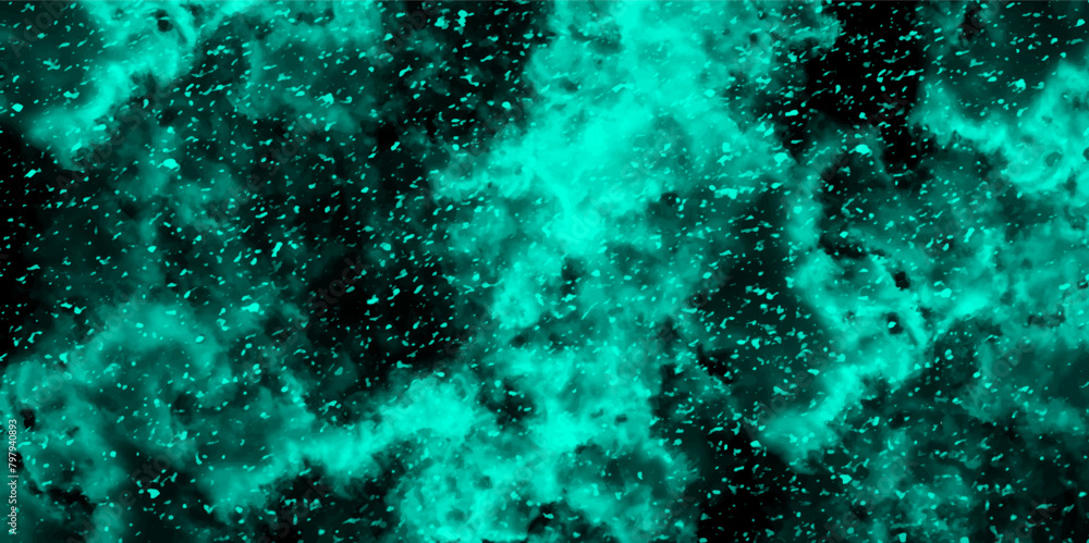 Poster Abstract dynamic particles with soft Blue clouds on dark background. Defocused Lights and Dust Particles. Watercolor wash aqua painted texture grungy design.