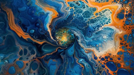 Abstract aerial view of an arctic landscape, with swirling patterns and vibrant blue and orange hues, creating the illusion that you can almost feel cold air emanating from it