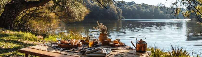 A rustic fishing trip in a secluded lake area, with a bohoinspired picnic setup on the shore