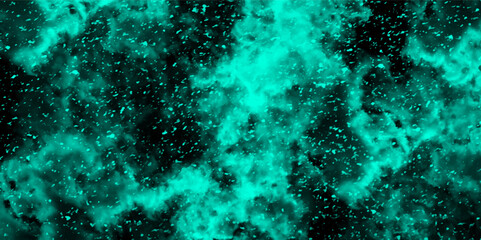 Abstract dynamic particles with soft Blue clouds on dark background. Defocused Lights and Dust Particles. Watercolor wash aqua painted texture grungy design.