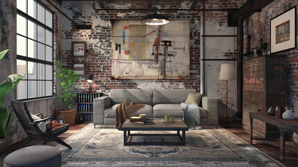 Industrial loft living with a chic urban vibe. Steel-gray sofa, exposed brick walls, metal accents, and urban art create a unique urban sanctuary.