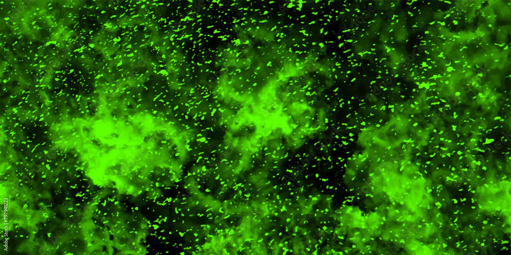 Poster Abstract dynamic particles with soft Green clouds on dark background. Defocused Lights and Dust Particles. Watercolor wash aqua painted texture grungy design.