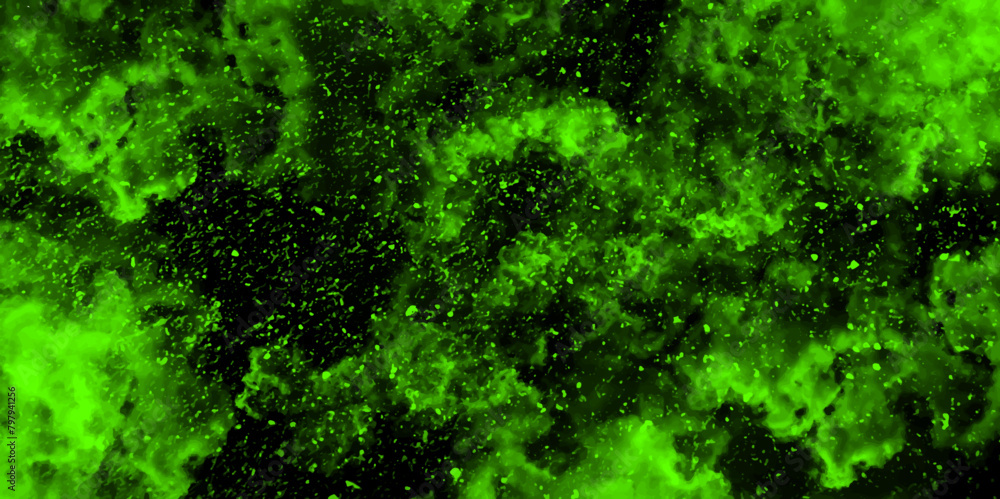 Poster Abstract dynamic particles with soft Green clouds on dark background. Defocused Lights and Dust Particles. Watercolor wash aqua painted texture grungy design.