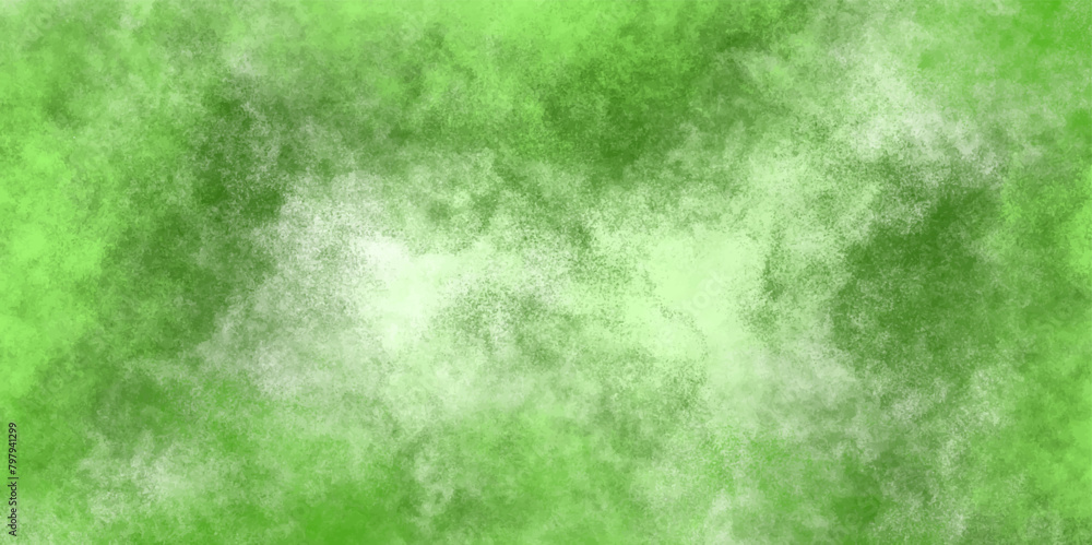 Poster Abstract dynamic particles with soft Green clouds on dark background. Defocused Lights and Dust Particles. Watercolor wash aqua painted texture grungy design.