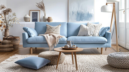 Cozy Scandi Nest: Relax in a simple, comfy living room with a sky-blue sofa, woolen throws, and artisanal decor. Hygge at its finest.