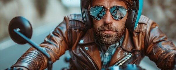 Focused biker with reflective goggles - obrazy, fototapety, plakaty