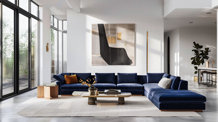 Spacious living room with navy velvet sofa, light wood end tables, floor-to-ceiling windows, abstract painting, polished concrete floor.
