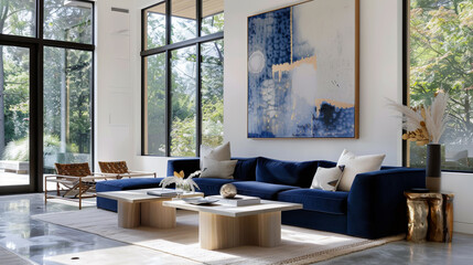 Spacious living room with navy velvet sofa, light wood tables, floor-to-ceiling windows, abstract art, and polished concrete floors.