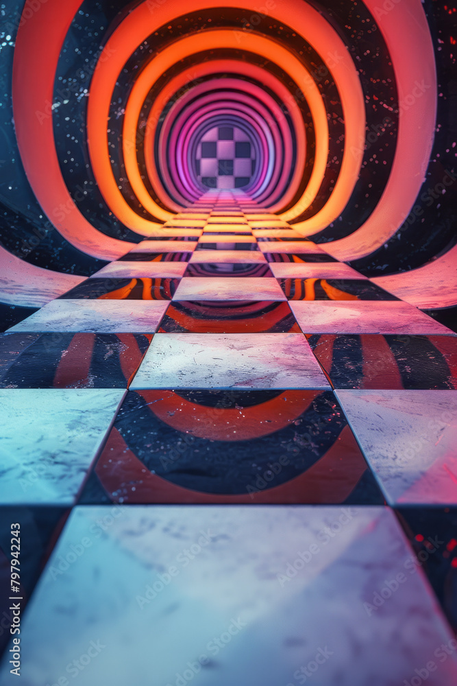 Poster a vibrant pattern of distorted checkerboards that bend and wave in a sea of psychedelic colors,