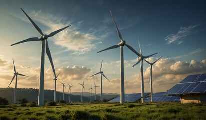 Solar panels and wind turbines against mountains.