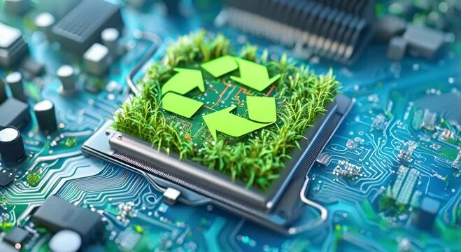 Green recycling symbol on a microchip, conceptually representing eco-friendly technology, sustainable computing, and environmental conservation in the digital age.