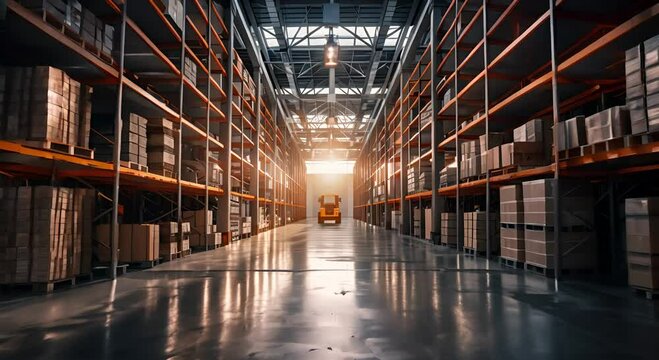 Spacious modern warehouse interior with shelves and pallets, ideal for representing logistics, distribution, storage, and supply chain themes in business and industry.
