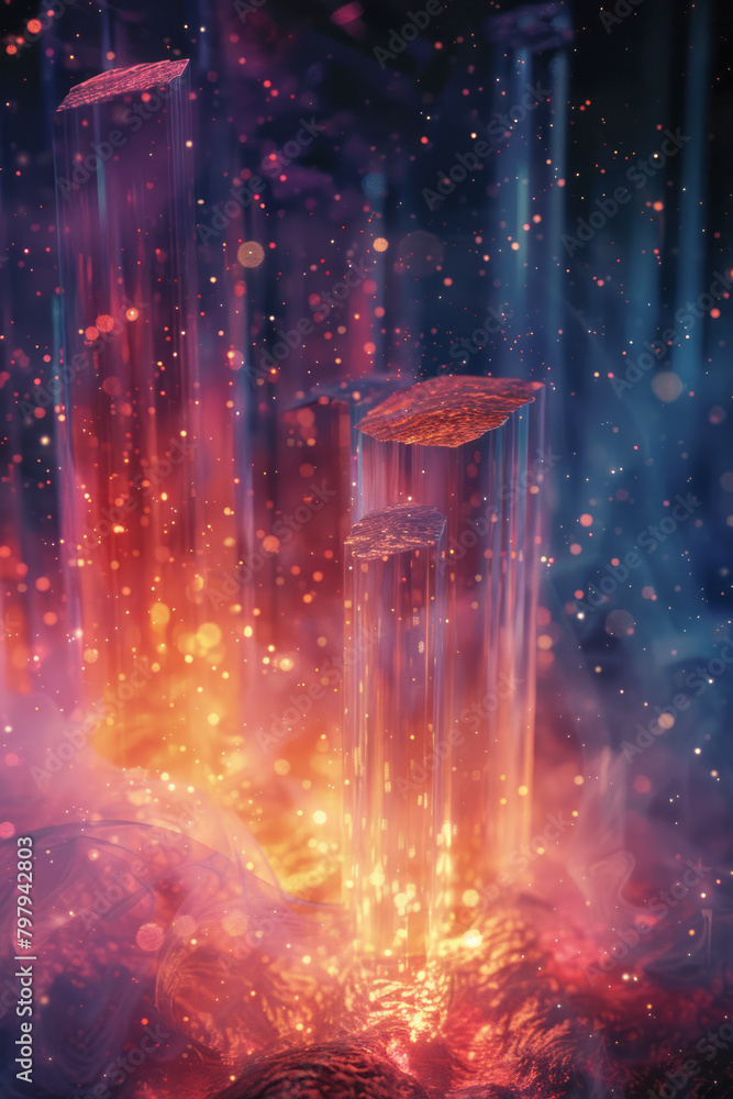 Poster a representation of a quantum teleportation experiment, with particles disappearing and reappearing 