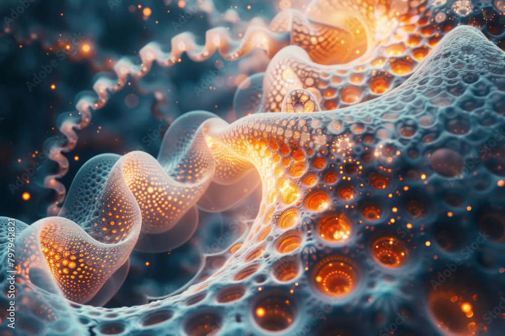 Poster a depiction of entropic decay at the quantum level, illustrated with fractal-like patterns gradually