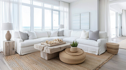 Coastal living room with white linen sofa, jute rug, nautical accents, ocean views, driftwood table, beach art.