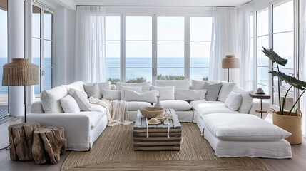 Fresh coastal living room with white linen sofa, jute rug, nautical accents, ocean views, driftwood table, beach artwork. Airy and inviting.
