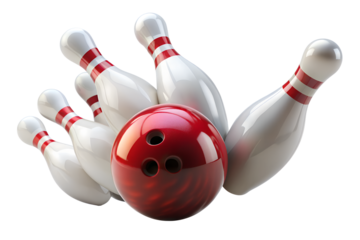 A red bowling ball crashing into the pins isolated on transparent background. AI Generative