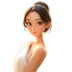 Fototapeta premium A stunning young cartoon woman stands gracefully with a white towel draped elegantly over her neck and shoulders This portrait captures the essence of beauty and spa set against a pristine 
