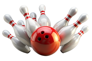 A red bowling ball crashing into the pins isolated on transparent background. AI Generative