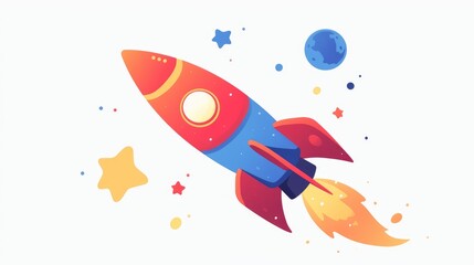A vibrant full color 2d illustration of a rocket firework icon in a sleek flat design stands out against a clean white background