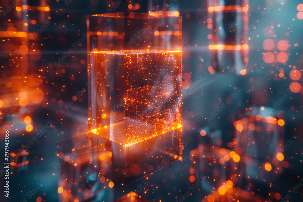 Poster an abstract portrayal of quantum computing operations, with quantum gates visualized as interlocking