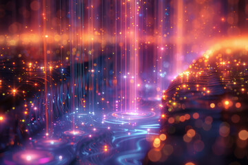 A depiction of a quantum cascade laser, with photons cascading down quantum wells, illustrated as a waterfall of light,