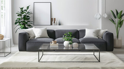 Minimalist modern living room with slate gray sofa, cream shag rug, white walls, geometric coffee table, and potted plants for warmth.