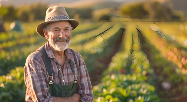 Smiling farmer in hat and overalls standing in lush vineyard at sunset, representing the joy and satisfaction of a successful harvest.