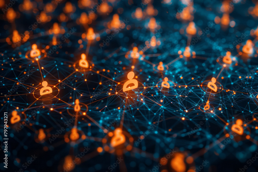 Poster a social media network map, with data streams connecting user profiles and activity bubbles in a spr