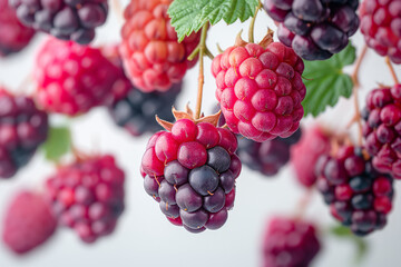 Various falling fresh ripe blackberries on white