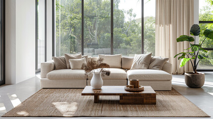 Minimalist living room with neutral colors and natural materials. Beige linen sofa on sisal rug, minimalist coffee table with white lacquered finish