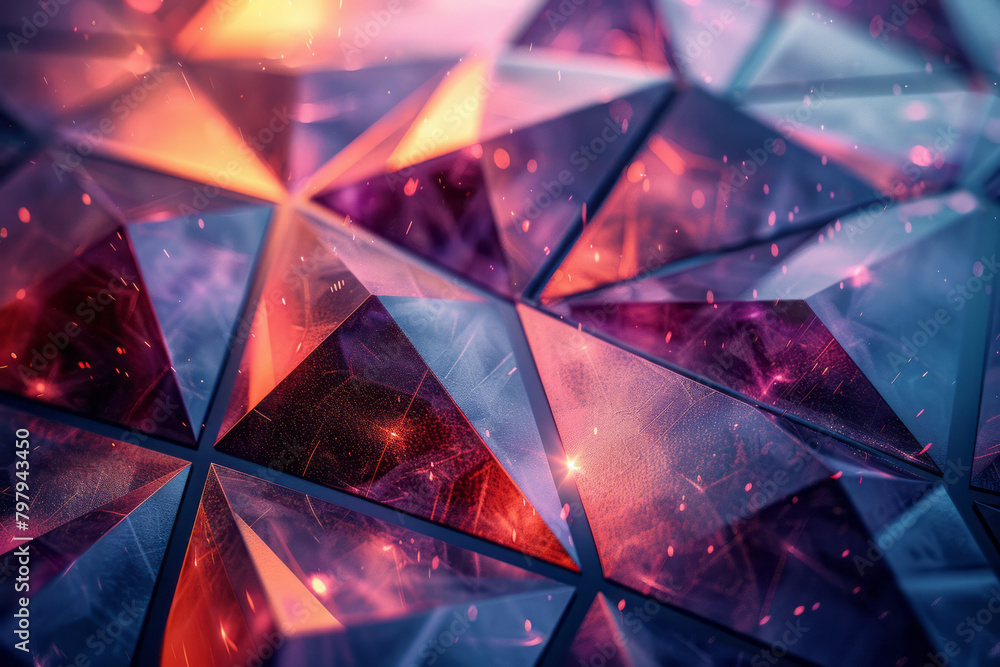 Poster an abstract geometric pattern with holographic triangles and circles, creating a 3d illusion on a fl