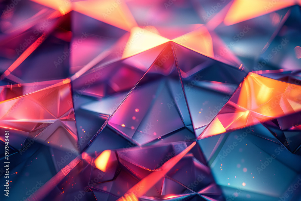 Poster an abstract geometric pattern with holographic triangles and circles, creating a 3d illusion on a fl
