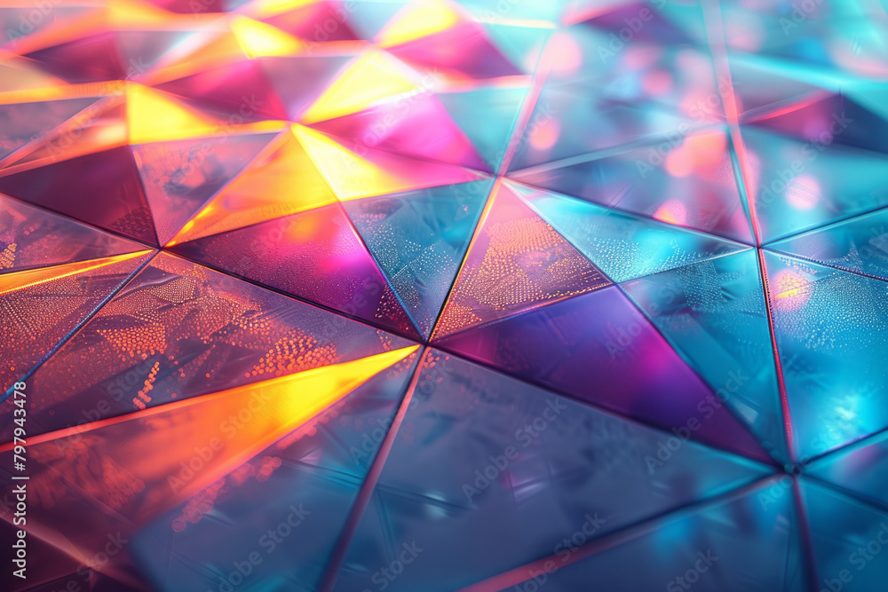 Poster an abstract geometric pattern with holographic triangles and circles, creating a 3d illusion on a fl