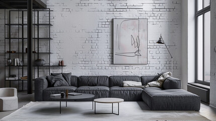 Minimalist living room with modular sofa, white brick accent wall, industrial coffee table, sleek storage units, and abstract artwork for a clean and streamlined look.