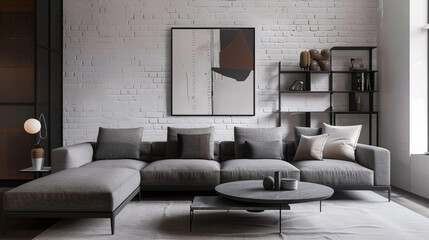 Minimalist living room with modular sofa, white brick wall, industrial coffee table, clean lines storage units, abstract artwork for visual interest.