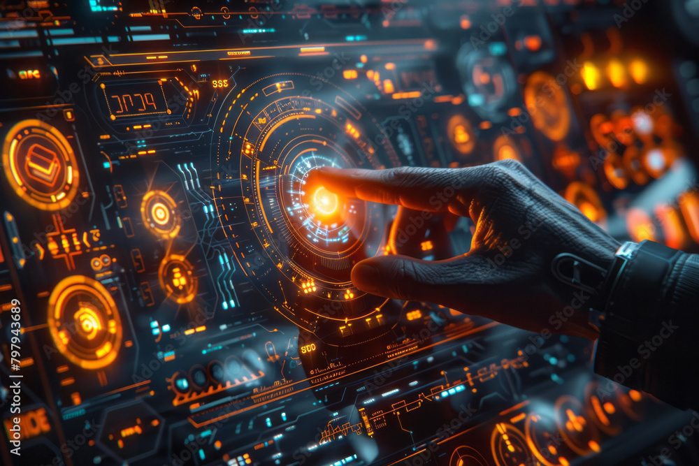 Poster a futuristic interface design in a holographic style, with buttons and data displays that appear to 