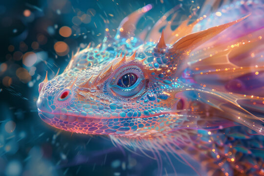 A depiction of a holographic dragon, its scales flickering with mythical colors and depths,