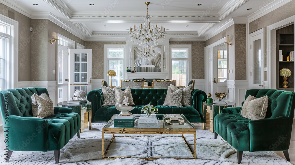 Poster glamorous hollywood regency living room with luxe finishes. emerald green velvet sofa, coordinating 